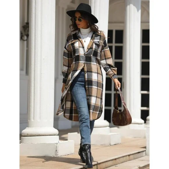 Women's Flannel Plaid Shacket Fall Oversized Long Button Down Shirt Jacket Shack